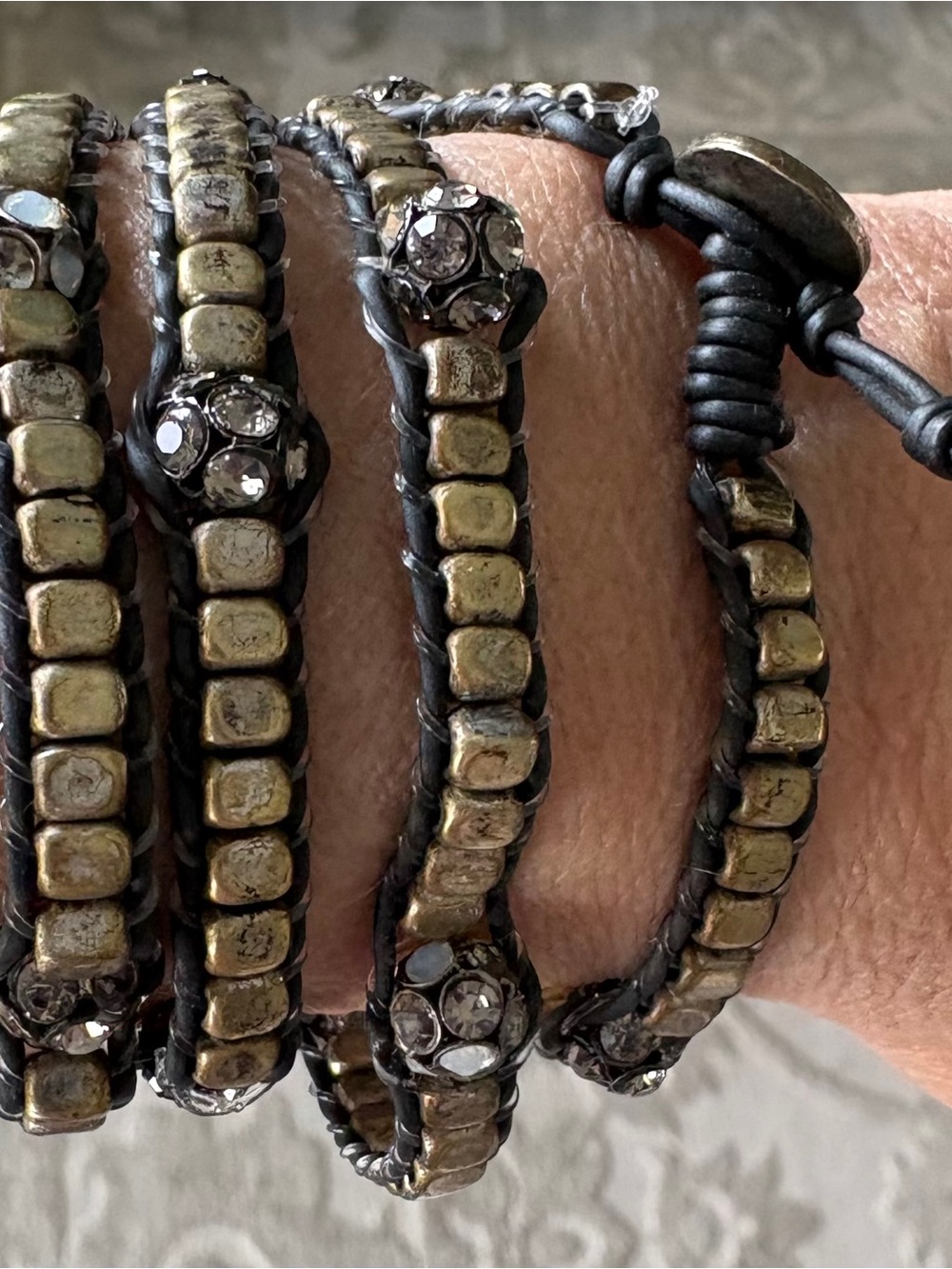 Handcrafted Rhinestone and Beaded Wrap Bracelet in Antiqued Gold & Black Leather